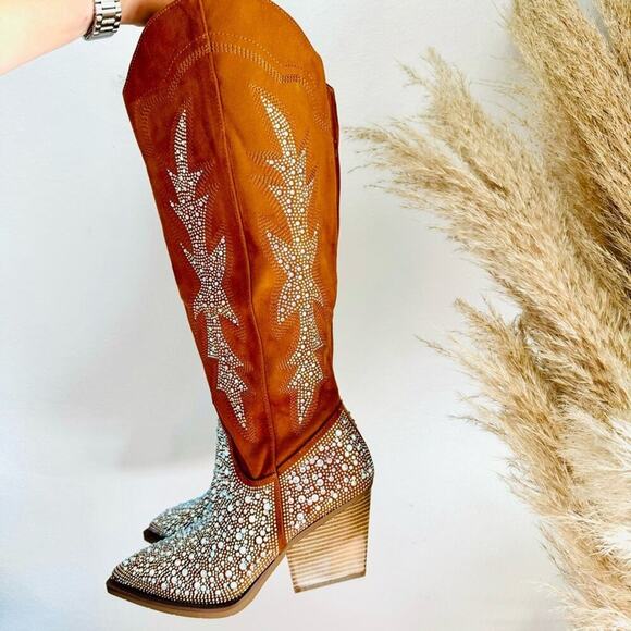 NEW Brown Faux Suede Sequin Glitter Discoball Cowgirl Cowboy Chunk Heel Boot 9.5 - Picture 11 of 13